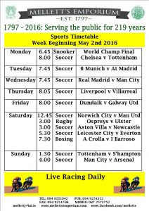 Sports timetable Mellett's Bar