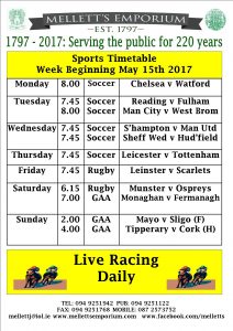 Sports timetable Mellett's Bar Swinford