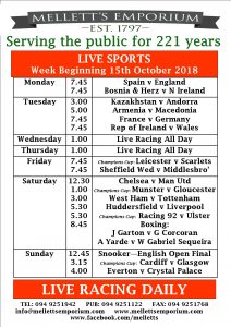 Sports live in Mellett's Pub Swinford Co. Mayo